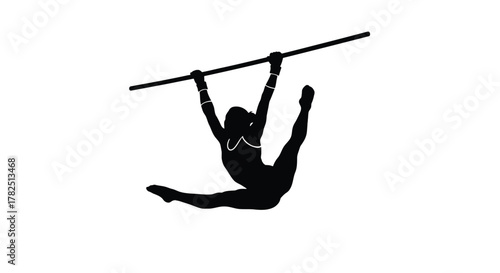 Silhouette of a female gymnast performing on a high bar the gymnast is hanging, legs split, arms extended