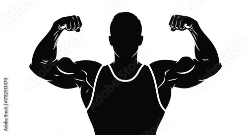 Silhouette of a muscular man flexing his biceps strong bodybuilder demonstrating his muscles and strength