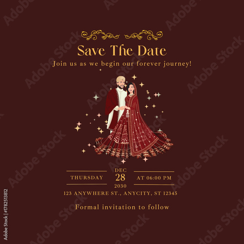 Vector vector cute indian couple cartoon in traditional dress posing for wedding invitation card design