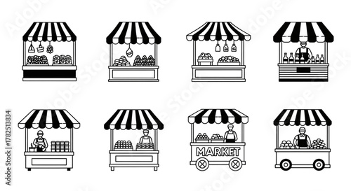 Farmers Market Stalls Icons Set for Food Sales Web Design Outdoor Retail Kiosk Graphics