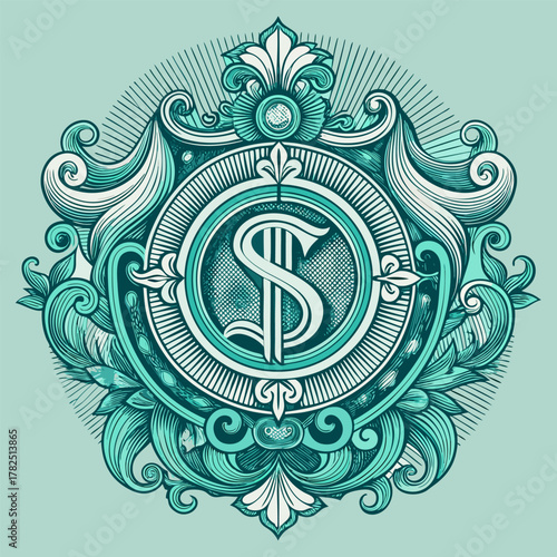 Ornate dollar sign emblem with intricate details and vintage style design