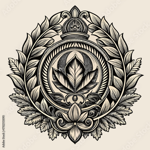 Elegant laurel wreath emblem with a central leaf and crown on top