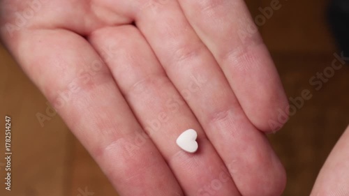 Hand holds heart-shaped pill symbolizing care and wellness, care reflects balance between love and health, care embodies trust in gentle healing and mindful life.