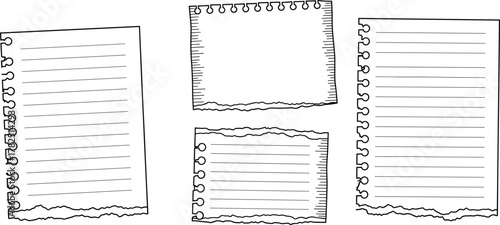 Torn notebook paper icon vector set—lined sheets with spiral holes, varied tears, and directional path label for creative compositions 