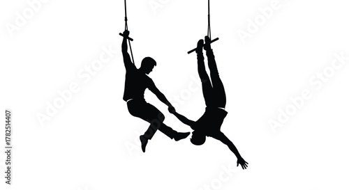 Silhouetted acrobats performing a dynamic aerial duet against a white background
