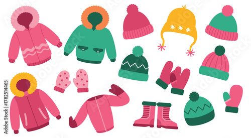 Cozy winter apparel collection vibrant colored jackets, hats and gloves perfect for seasonal fashion 