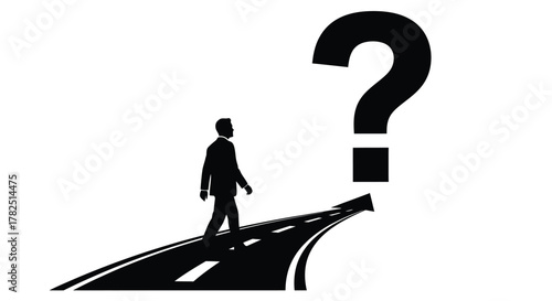 A silhouette walks toward a large question mark on a road