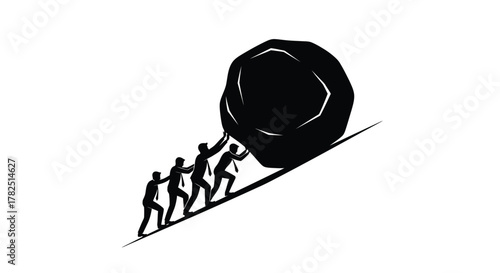 Teamwork and struggle depicted with people pushing a large boulder uphill