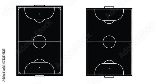 Overhead view of two black and white futsal courts with markings