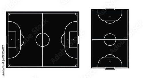 Overhead view of two distinct soccer fields on black backgrounds