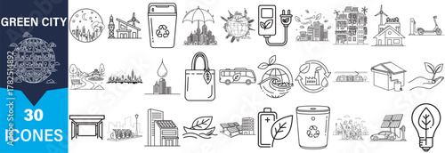 A grid of 30 hand drawn line art icons representing green city concepts and eco friendly themes in a distinctive silhouette style.