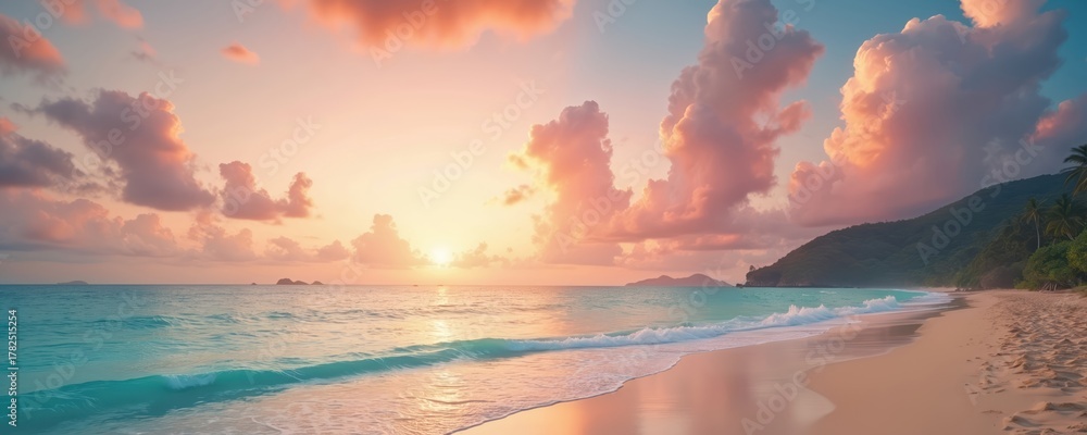 Obraz premium Tropical beach seascape with calm turquoise ocean waves and sandy shore. Lush green mountain hill with palm trees meets coastline under soft pastel sunrise sky and clouds. Peaceful paradise.