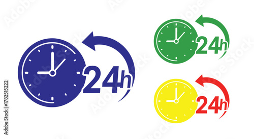 Colorful clock icons illustrating twenty four hour service availability concept