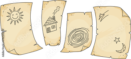 Vintage parchment icon vector set—sun, house, spiral, and celestial symbols on aged sheets for mystical and storytelling compositions