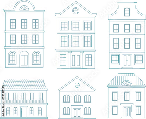 Vector illustration of six architectural buildings with diverse styles including pediments, balconies, domes, arched doors, and symmetrical facades