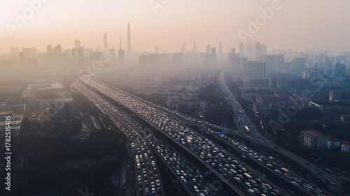 Aerial view of massive city traffic congestion during sunset covered in dense smog and haze, symbolizing pollution, urban density and modern infrastructure. Generated with AI
