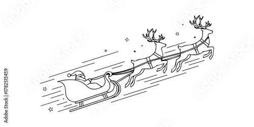 Minimalist Reindeer Sleigh Flying Outline with Motion Lines