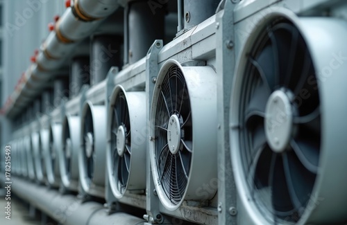 Large industrial fans mounted on refrigeration system condenser. These units cool ammonia or CO2 chillers, essential for cold storage, manufacturing processes. Industrial cooling machinery operates.