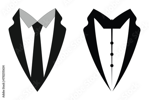 Elegant Tuxedo and Bow Tie Silhouette Set – Classic Men’s Formal Suit Vector Illustration, Black and White Isolated Design