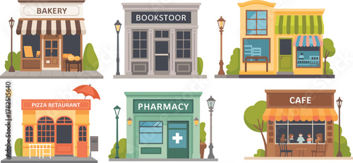 Vector illustration of six colorful storefronts including bakery, bookstore, pharmacy, pizza restaurant, café, and general shop with signage and seating