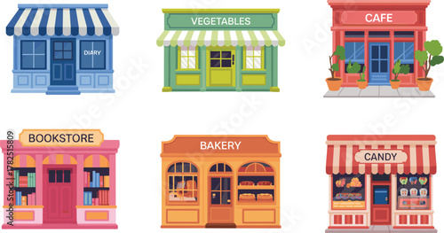 Vector illustration of six colorful storefronts including dairy, vegetables, café, bookstore, bakery, and candy shop with signage and displays