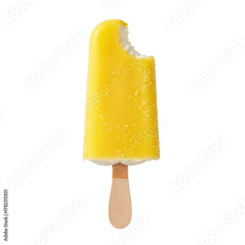 Yellow popsicle with creamy white interior and bite on top, concept for frozen dessert, summer refreshment and snack branding