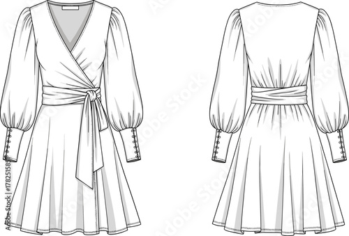 Wrap-style dress illustration, V-neckline, voluminous sleeves, sash waist, flared skirt, fashion sketch, garment construction, front and back view, clothing template, vector drawing
