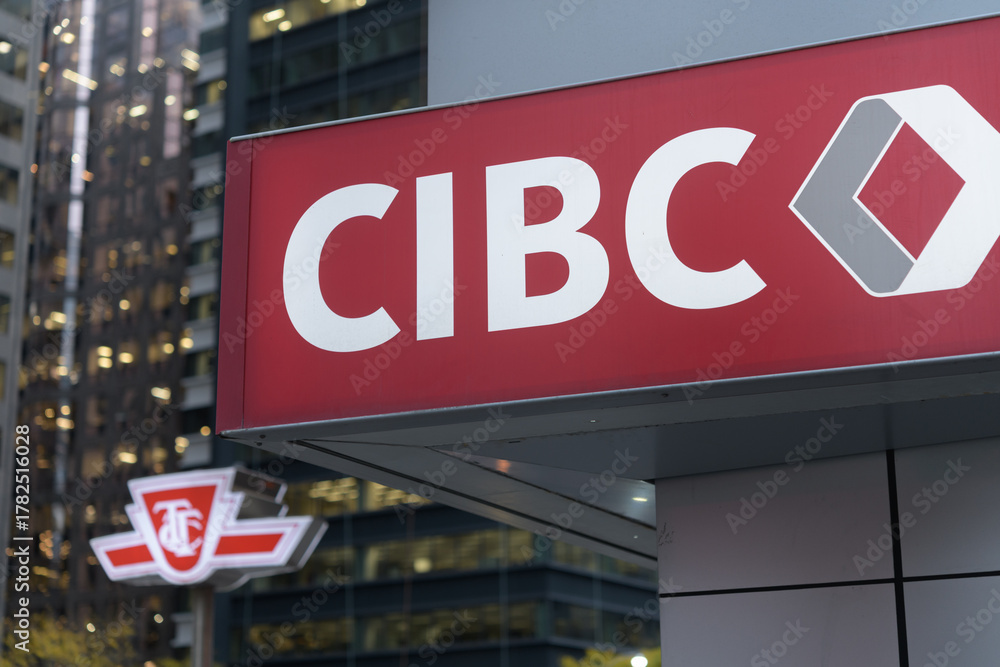 Obraz premium close-up of CIBC branch sign at 100 University Av, located on the southwest corner of University Av and King St W in Toronto
