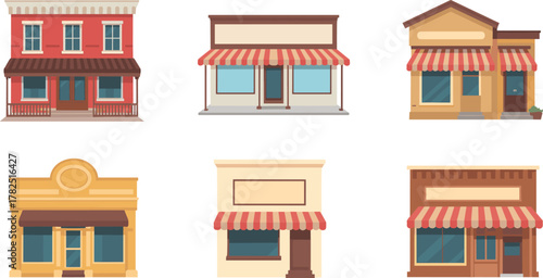 Vector illustration of six stylized storefronts with striped awnings, unique architecture, signage, and colorful small business facade designs