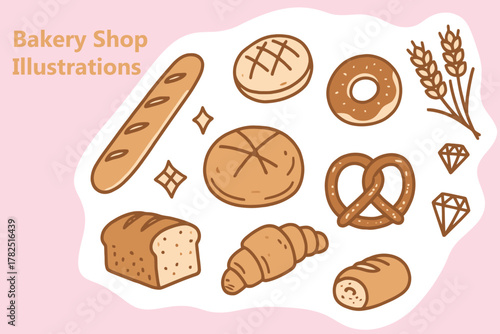 Bakery shop vector illustration with different kind of bread. Includes loaf, croissant, pretzel, donut, bun, baguette and wheat. Isolated on pink background.