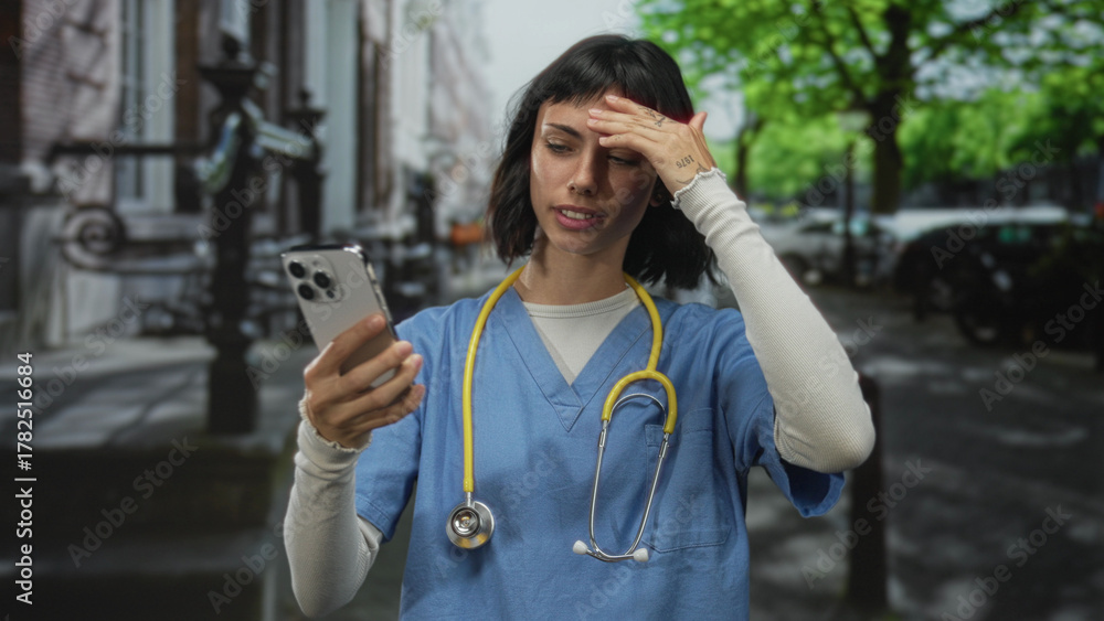 Fototapeta premium Woman nurse in blue scrubs holds smartphone and touches forehead at street; digital technology challenge stress.