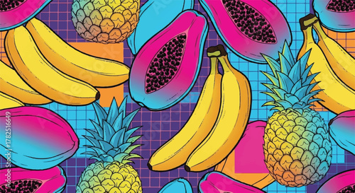 Vibrant Seamless 80s Style Tropical Fruit Pattern with Grid Background