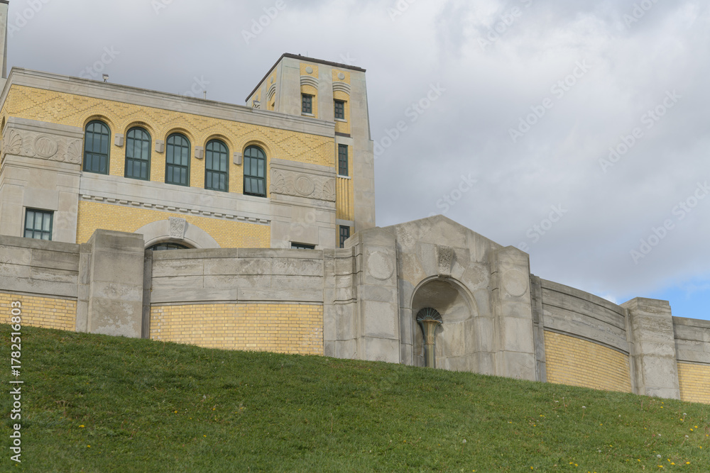 Naklejka premium detail of The RC Harris Water Treatment Plant, located at 2701 Queen St E, a filtration facility, designed by Thomas C Pomphrey, in Art Deco style, 1932-1941, Toronto