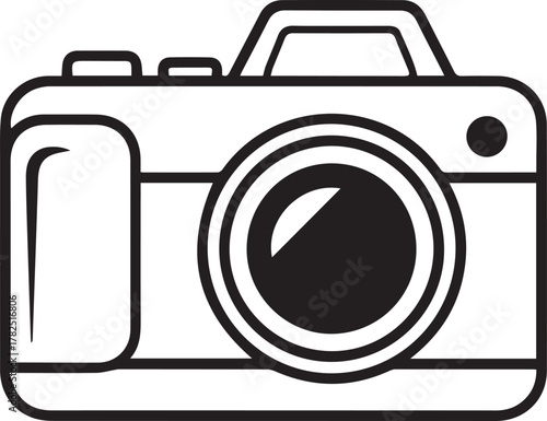 Simple black and white line art icon of a classic camera with a prominent lens, perfect for photography, media, and digital interface design. Vector