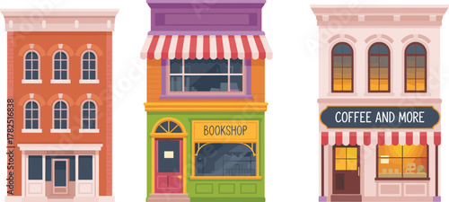 Vector illustration of three colorful storefronts including brick building, bookshop with striped awning, and coffee shop with arched windows