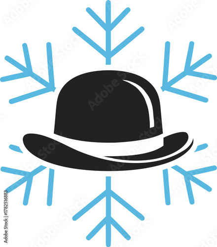A stylish black bowler hat located in the center of a snowflake. An unusual combination of gentlemanly style and winter atmosphere.