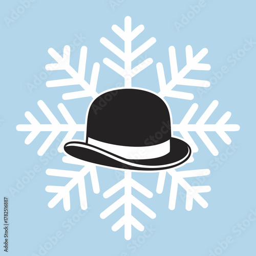 A stylish black bowler hat located in the center of a snowflake. An unusual combination of gentlemanly style and winter atmosphere.