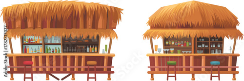 Vector illustration of two tropical tiki bars with thatched roofs, wooden counters, stools, liquor bottles, and beachside rustic design