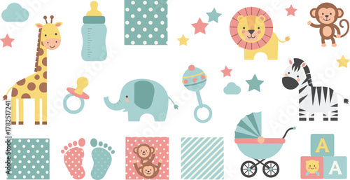 Baby cartoon elements, cute animals, nursery icons, pastel giraffe, elephant, lion, monkey, baby toys, stroller, blocks, footprints, clouds