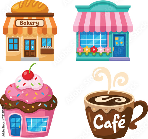 Whimsical storefront illustration featuring bakery, flower shop, cupcake building, and coffee café with colorful design and food-themed architecture