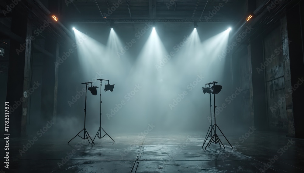 Naklejka premium Industrial studio with spotlights creating beams through fog. Two tripods with lamps stand on wet floor. Empty dark space ready for show or film.