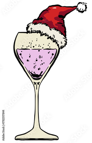 Whimsical Christmas Champagne glass with santa hat, Hand drawn Christmas coupe prosecco glass with red elf hat