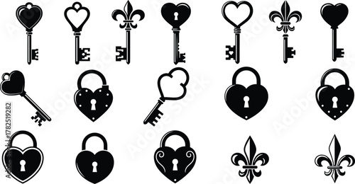 Black and white keys, heart locks, fleur-de-lis symbols, romantic vintage icons, decorative vector set, elegant clipart, love theme design