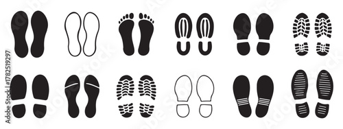 Shoe Print Icon Set in Black Silhouette Vector Design