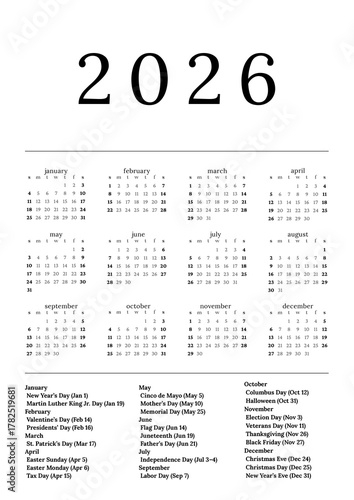 Minimalist 2026 Year Calendar page on a white background. Simple desktop calendar starting on Sunday.