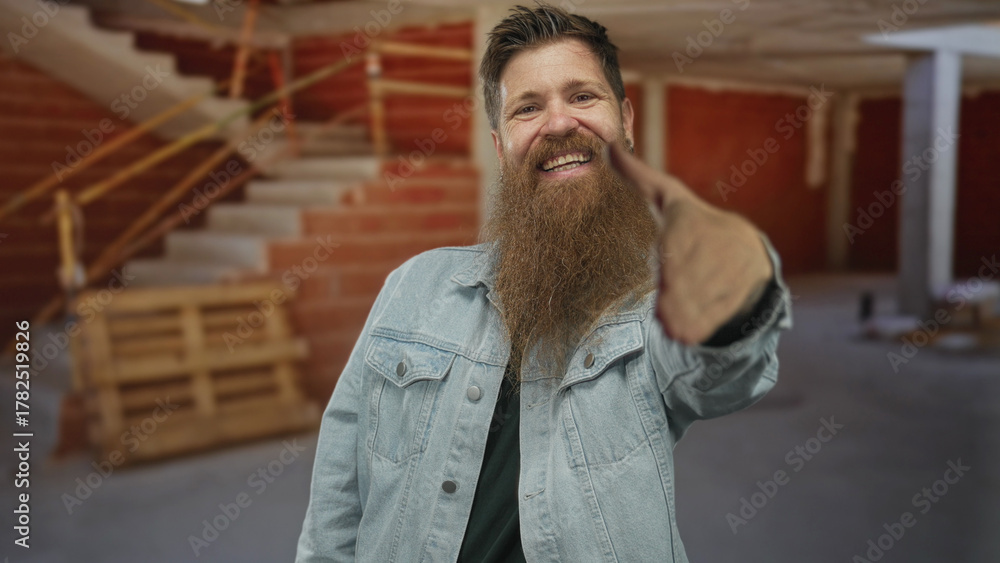 Obraz premium Man with denim jacket extends hand gesture toward the camera amid brick walls in an unfinished building; trust.