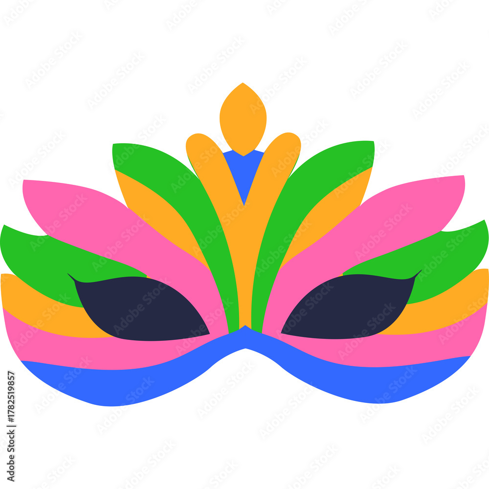 Obraz premium Colorful Festival Mask With Feather Like Petals In Pink Green Orange Blue And Yellow On Transparent Background