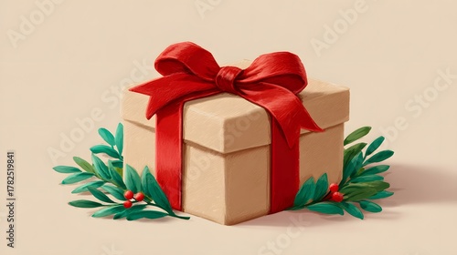 Cardboard gift package adorned with a prominent red ribbon bow and small green leafy sprigs with berries sits against a pale background.