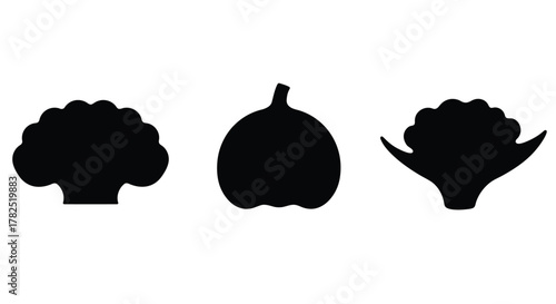 Black silhouettes of a cauliflower pear and romanesco broccoli