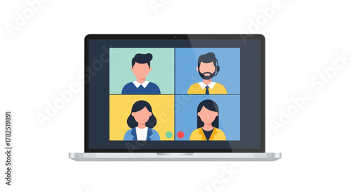 Laptop screen showing an online video conference with multiple participants, representing a virtual team meeting for remote work, digital communication, and modern collaboration